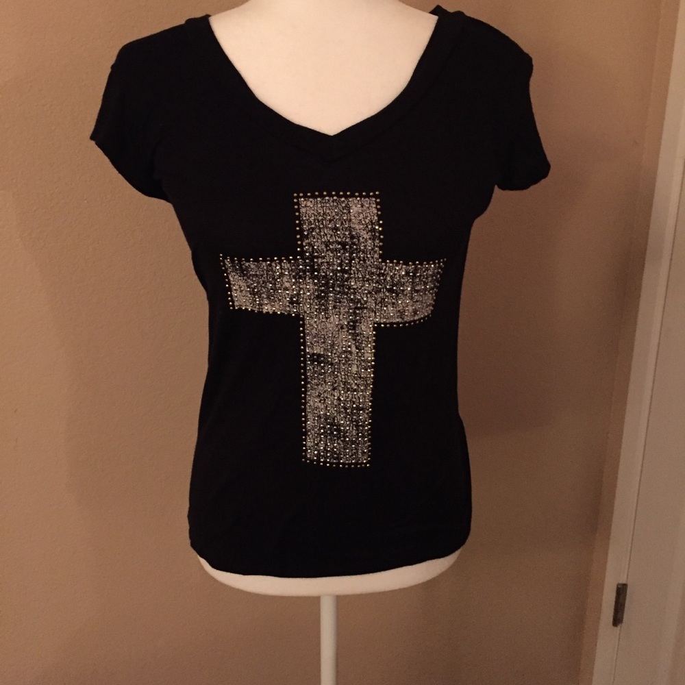 Embellished Cross Black V Neck
